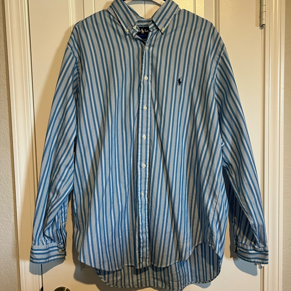 Ralph Lauren Blue and White Striped Button Down Shirt